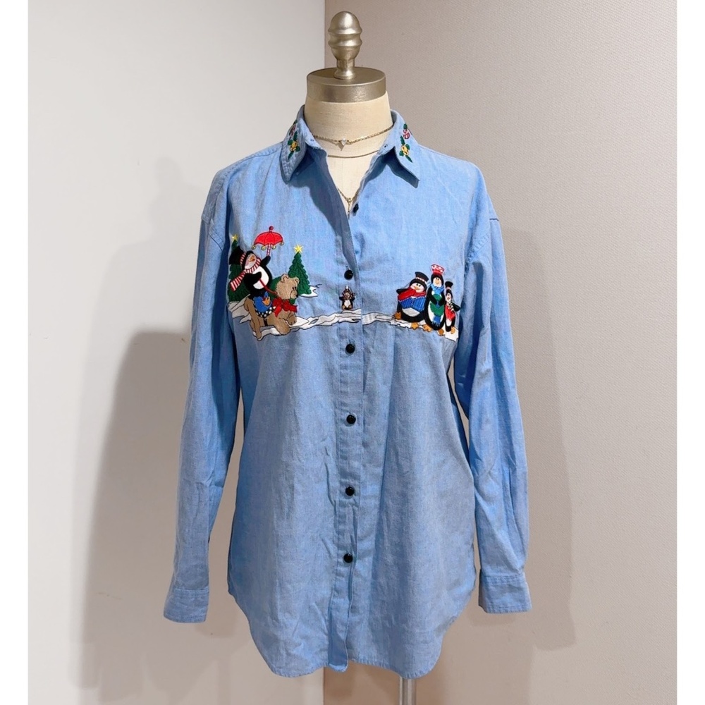 Vintage Whitefish Bay Women's Blue Christmas Snowman Chambray Denim Shirt Size S